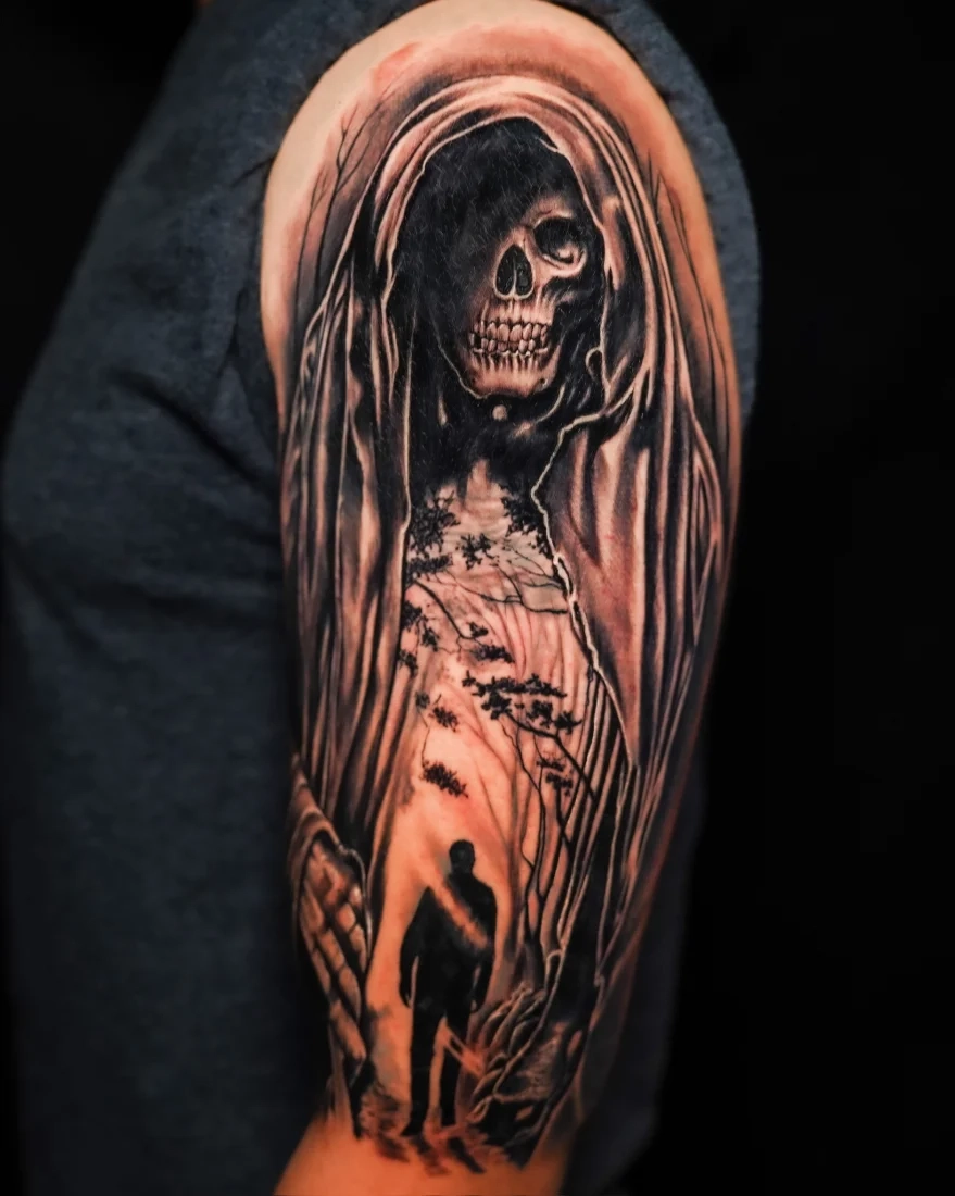 tattoo shoulder black-and-gray death